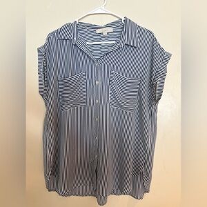 LOFT Navy & White Vertical Stripe Casual Button-Down Shirt
